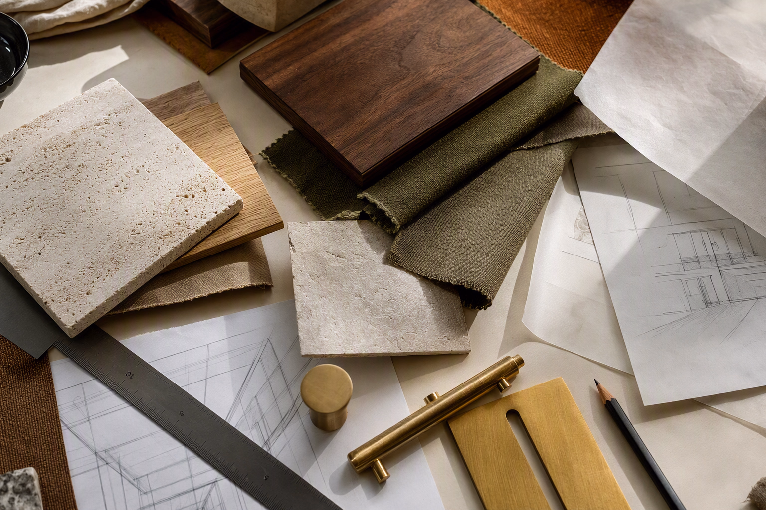 Material study table arranged with timber, stone, linen, and design drawings