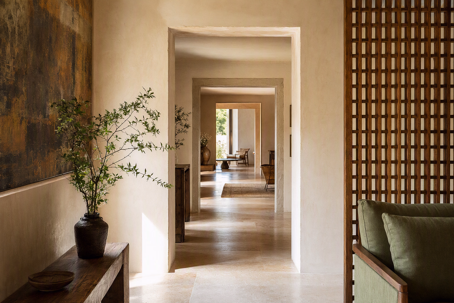 A gallery-like sequence of warm connected interiors with stone, timber, linen, and filtered daylight