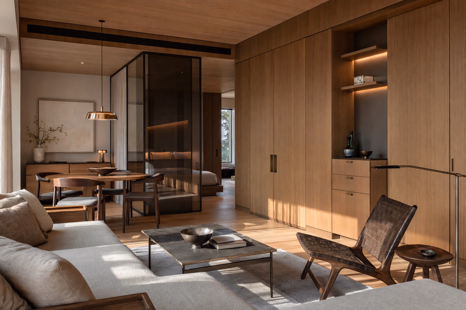 Compact apartment interior layered with cedar-toned joinery and considered storage