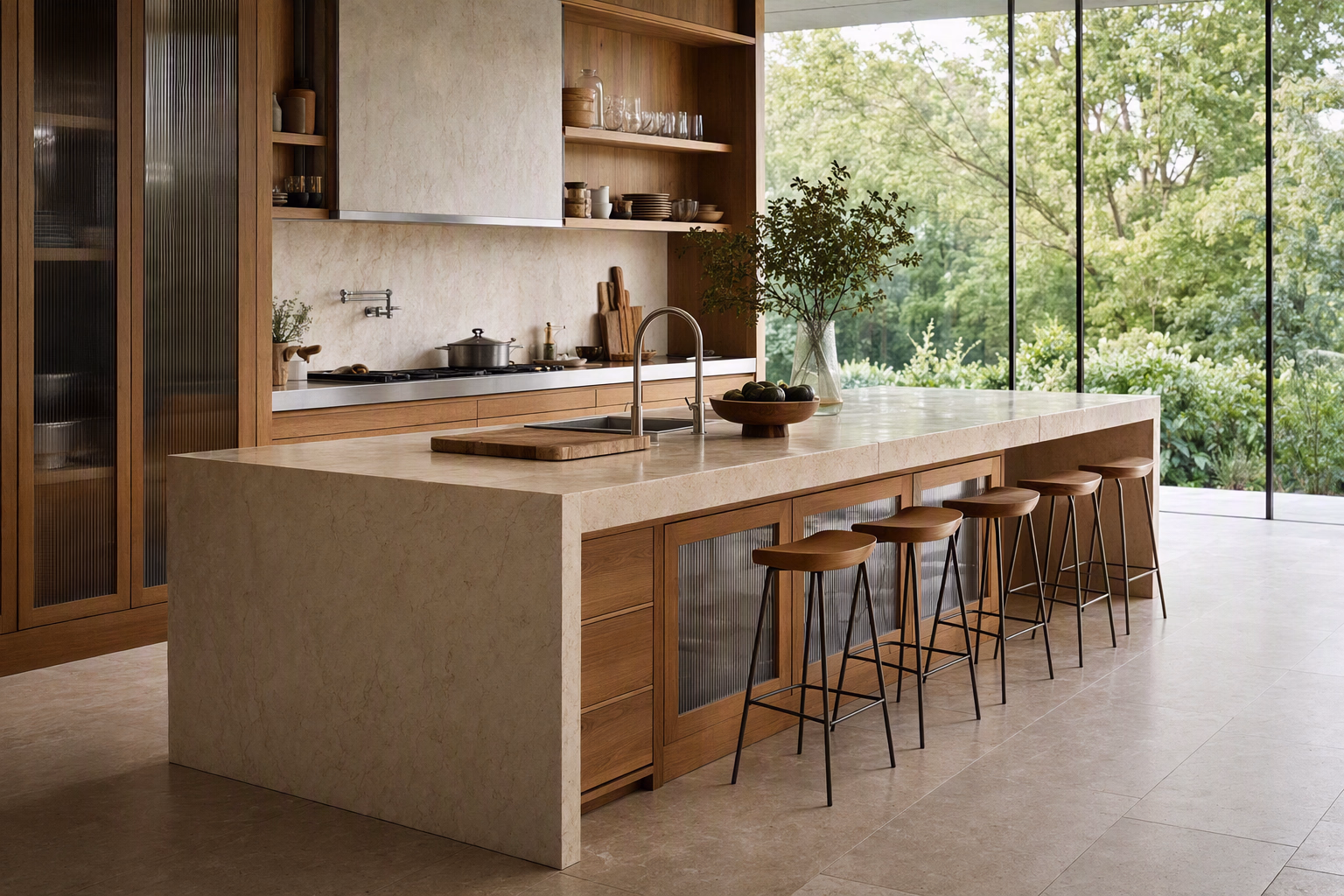 Pale stone kitchen island positioned toward a green garden view