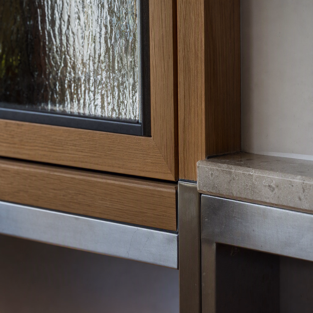 Junction of textured glass, warm oak, brushed stainless steel, and pale stone