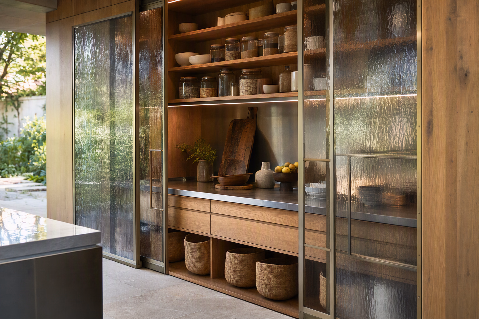 Warm oak pantry wall with integrated storage and textured glass panels