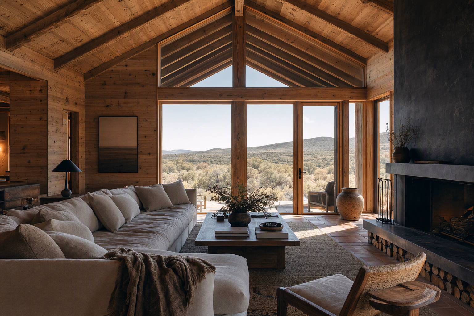 Sheltered rural living room opening toward woodland with deep timber tones and natural textiles
