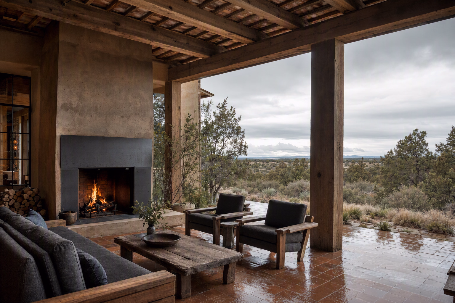 Covered rural terrace furnished as an outdoor room beside surrounding woodland