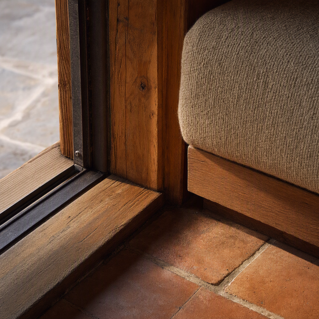Threshold detail where juniper-toned timber, clay tile, wool, and darkened steel meet