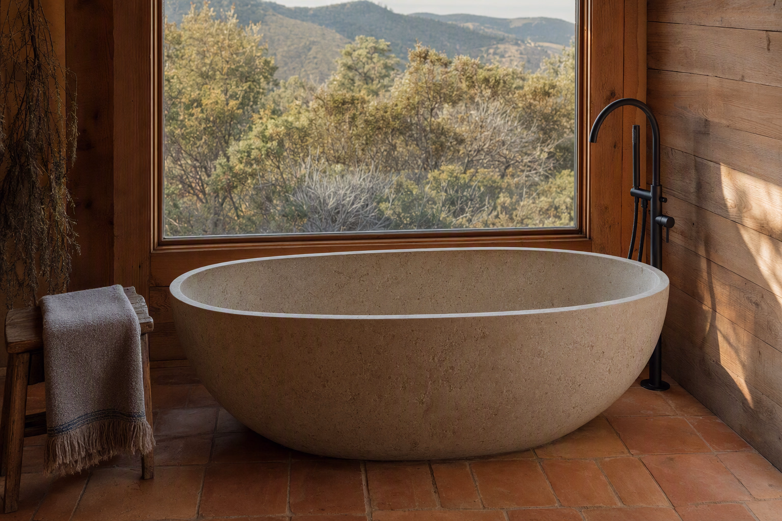 Quiet bathing space beside a woodland window with clay tile and timber detailing