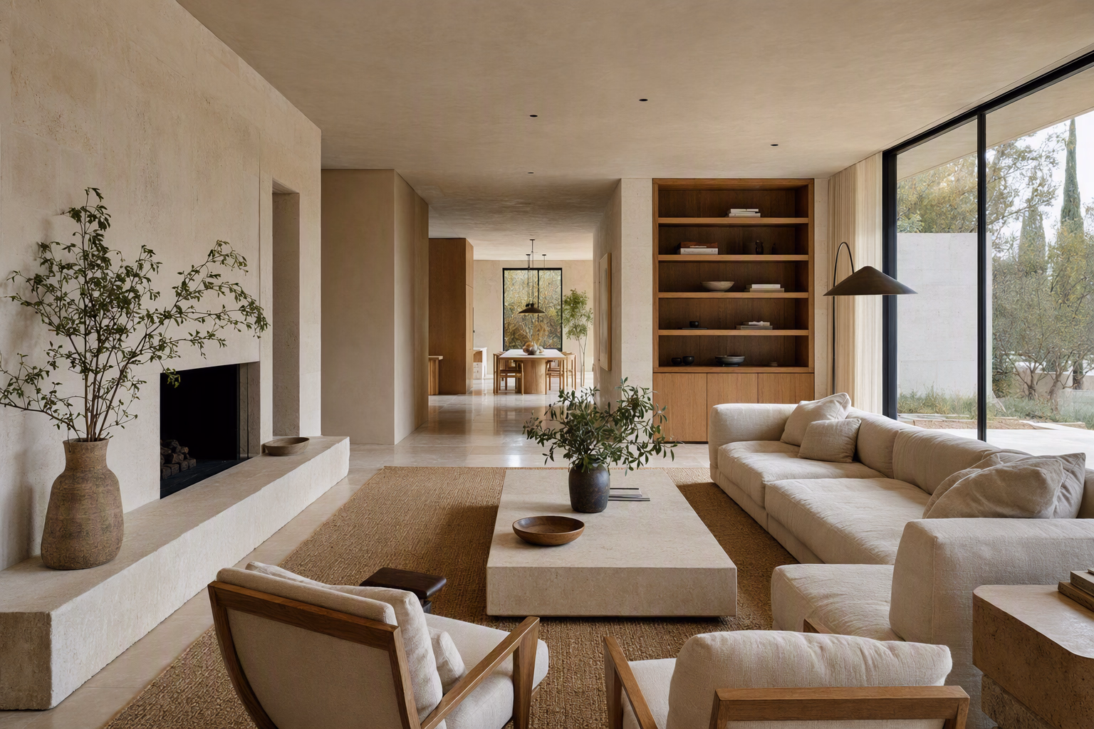 Warm limestone-toned living space with sculptural furniture and soft daylight