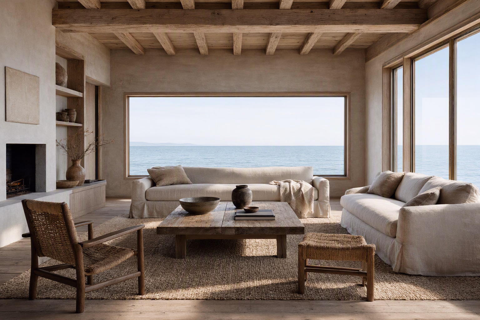 Quiet coastal residence in pale mineral colors with framed water views