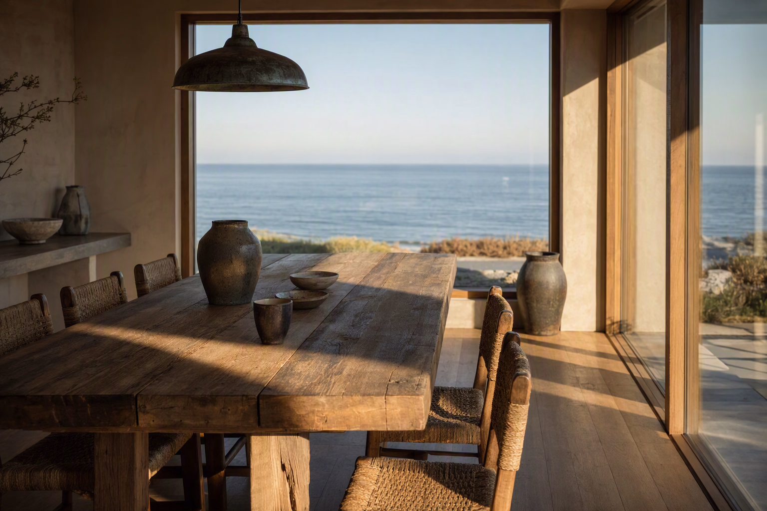 Coastal dining area aligned with a carefully framed horizon view