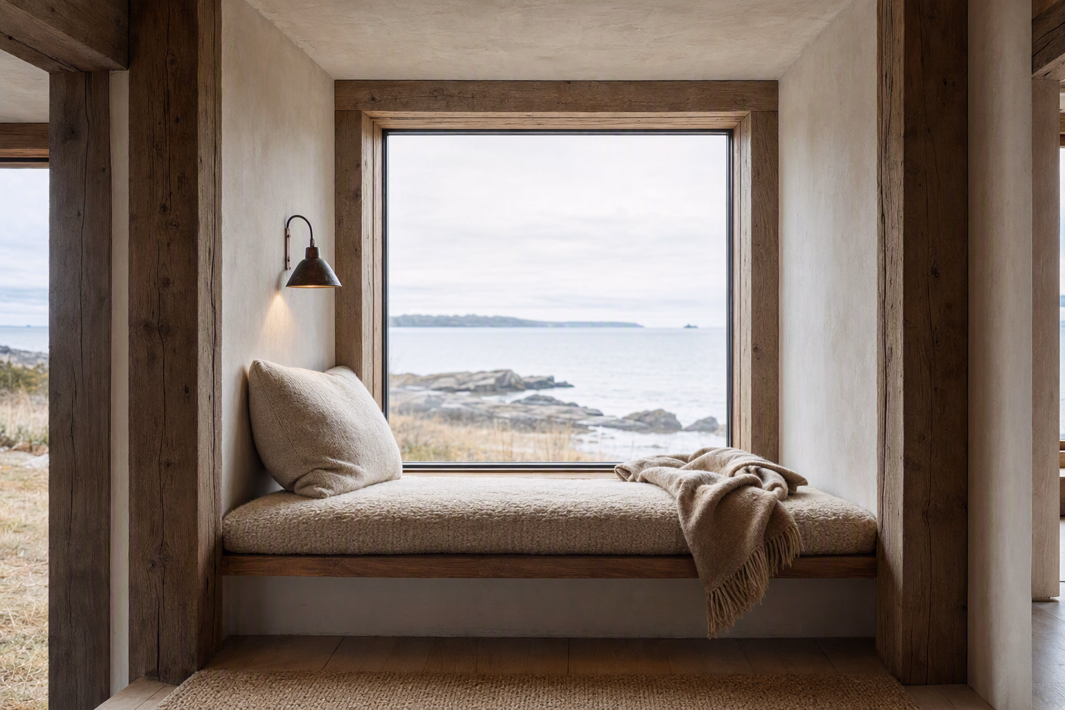 Deep coastal window seat wrapped in pale limewash, woven wool, and weathered oak