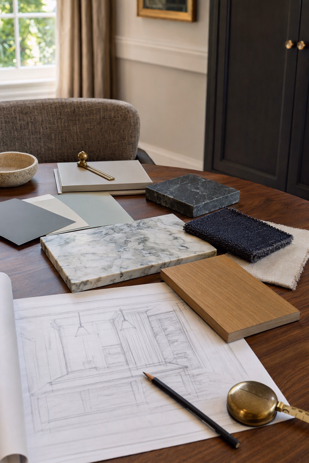 Focused design review with one room plan and a concise selection of materials