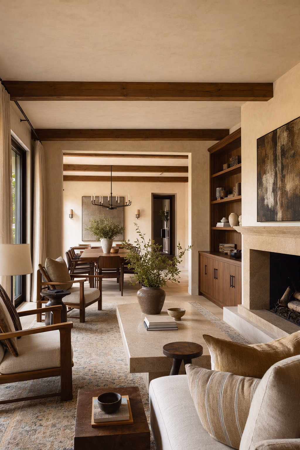 Layered whole-room interior showing coordinated furniture, lighting, textiles, and architectural details