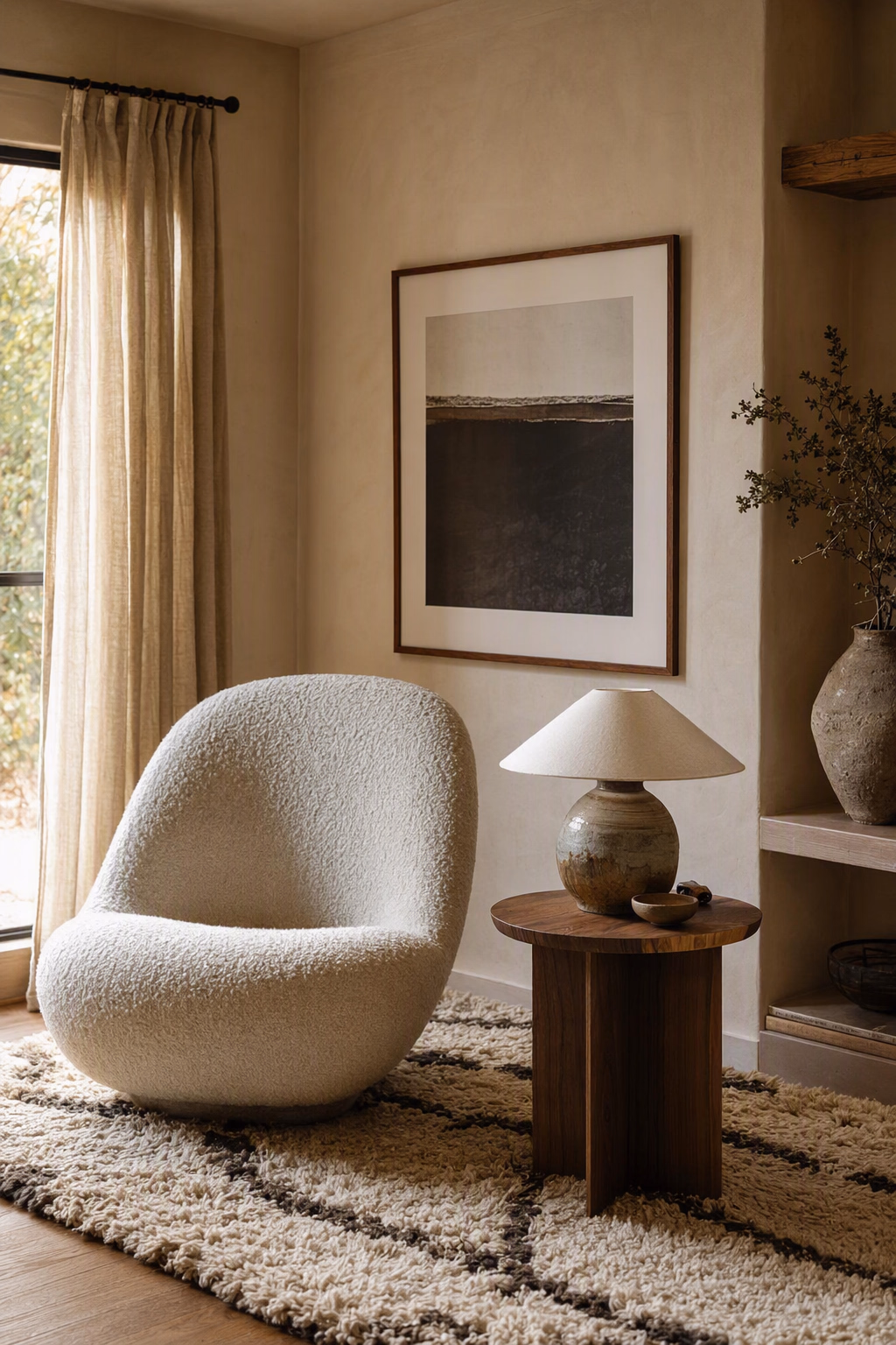 Composed furnishing scheme with seating, lighting, textiles, art, and material samples