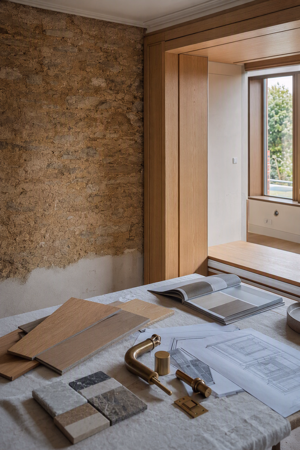 Renovation planning scene with finish samples, fixture references, and joinery drawings