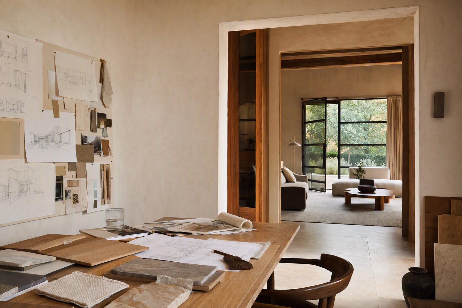 Design table with plans, material samples, and a composed interior visible beyond