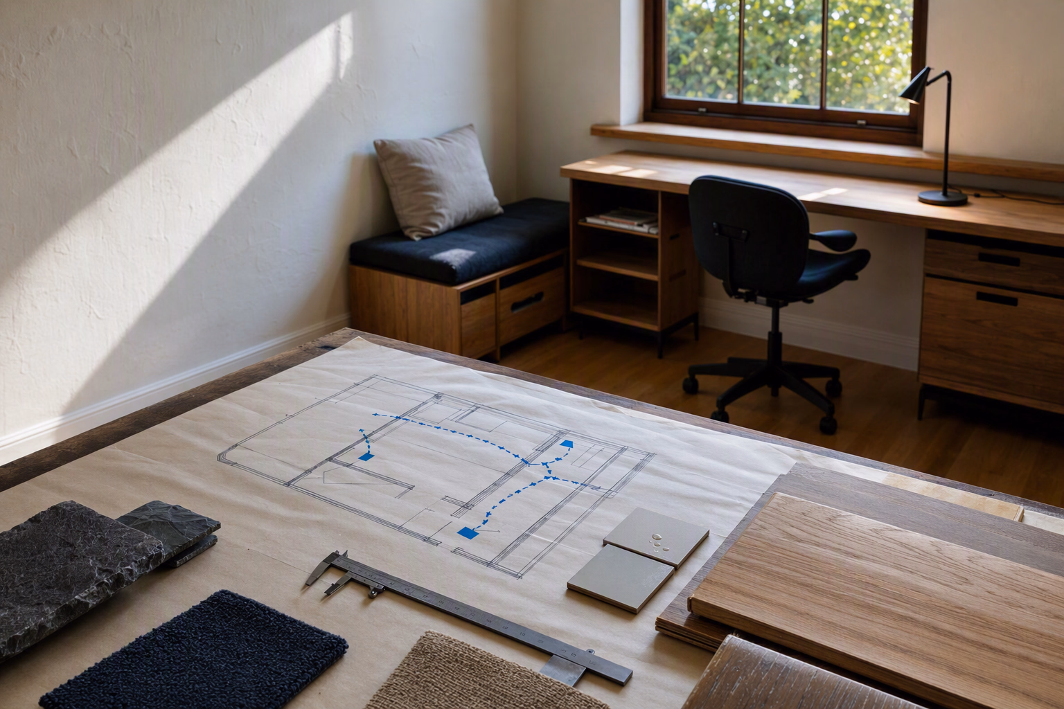 Layered design study with scaled plan, daylight sketch, textile, timber, and joinery detail