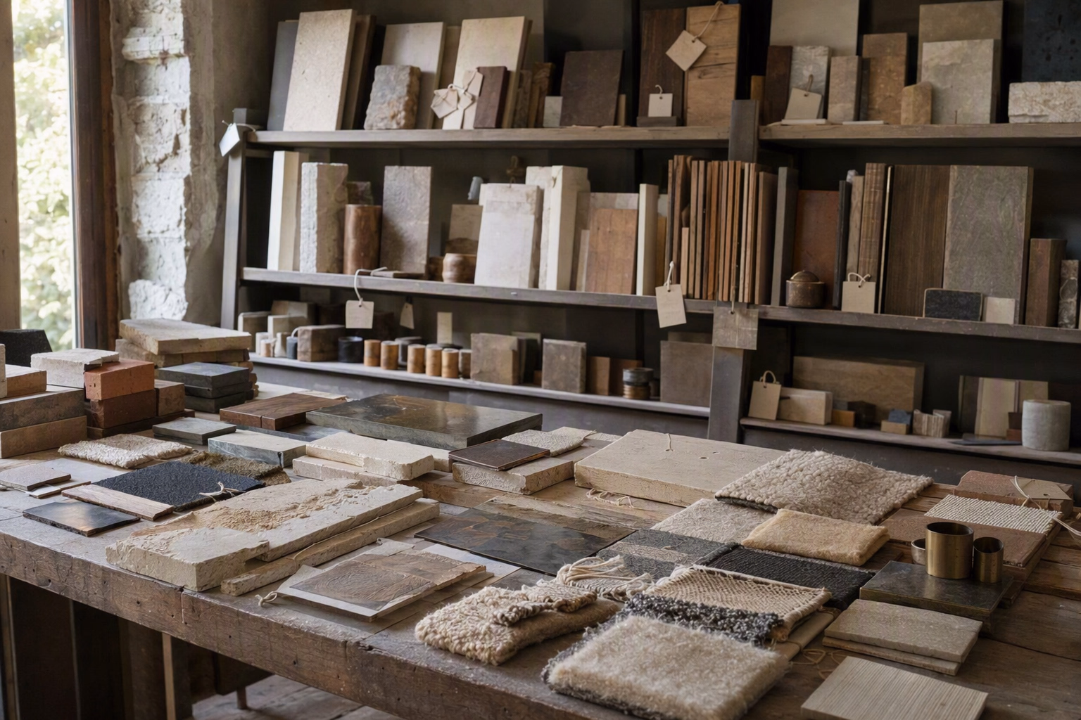 Material library still life with timber, stone, woven textile, metal, and paper samples