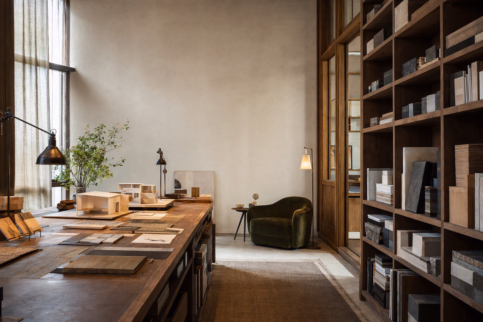 Atmospheric interior design workroom with drawings, material samples, and warm natural light